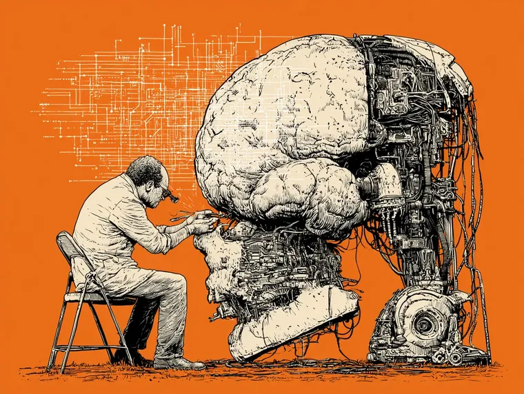 Ingénieur réparant un cerveau-machine géant : le référencement IA décodé, GEO, AEO et LLMO